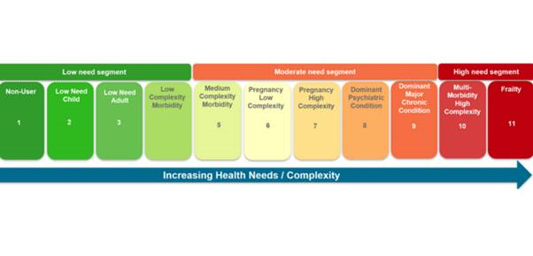 There is a pictorial diagram showing that patients are categorised into patient need groups that are numbered and coloured from 1, dark green, to 11, dark red, with 1 signifying low need to 11 signifying high need.